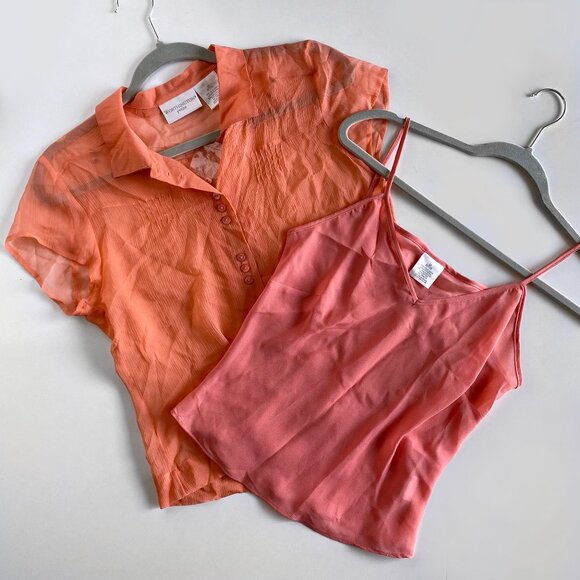 Worthington Y2K Silk 2-Piece Blouse Set Size 6P, Sheer Button-Up Top/Camisole - Picture 1 of 4